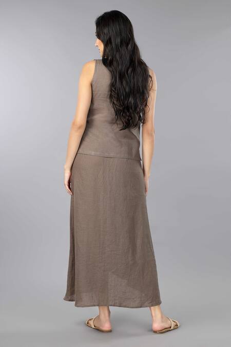 Shop_Gothilo_Brown Linen V-neck Mocha Mousse Top And Pleated Skirt Set _at_Aza_Fashions