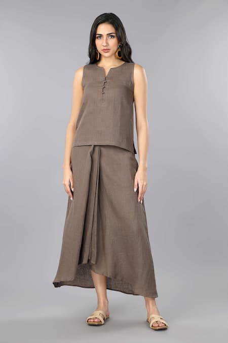 Buy_Gothilo_Brown Linen V-neck Mocha Mousse Top And Pleated Skirt Set _Online_at_Aza_Fashions