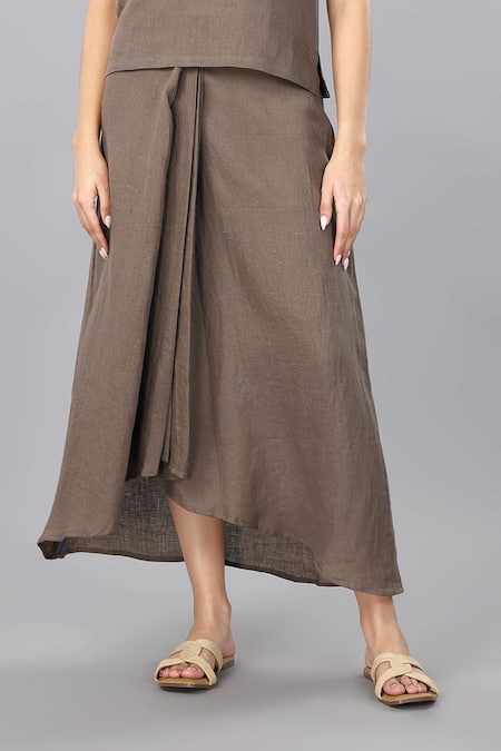 Shop_Gothilo_Brown Linen V-neck Mocha Mousse Top And Pleated Skirt Set _Online_at_Aza_Fashions