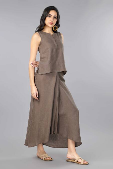 Gothilo_Brown Linen V-neck Mocha Mousse Top And Pleated Skirt Set _at_Aza_Fashions