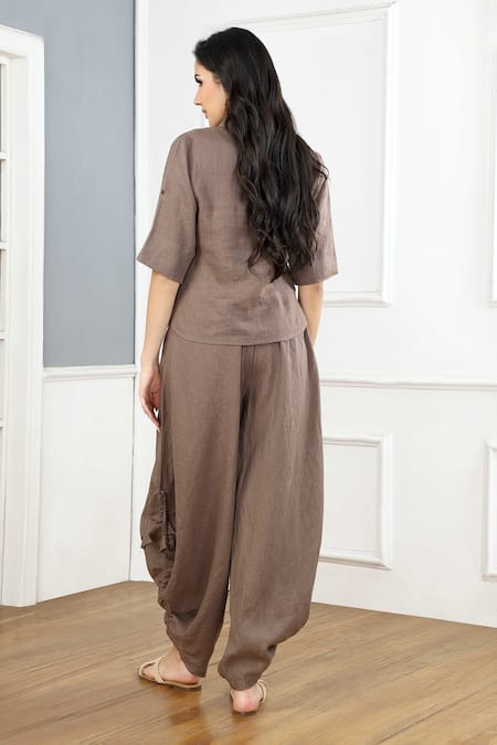 Shop_Gothilo_Brown Linen Collared, Button-down Neck Mocha Mousse Top And Cowl Pants _at_Aza_Fashions