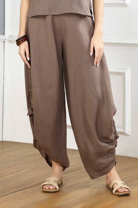 Gothilo_Brown Linen Collared, Button-down Neck Mocha Mousse Top And Cowl Pants _Online_at_Aza_Fashions