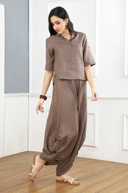 Shop_Gothilo_Brown Linen Collared, Button-down Neck Mocha Mousse Top And Cowl Pants _Online_at_Aza_Fashions