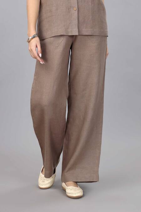 Gothilo_Brown Linen Collared Mocha Mousse Shirt And Pant Set _Online_at_Aza_Fashions