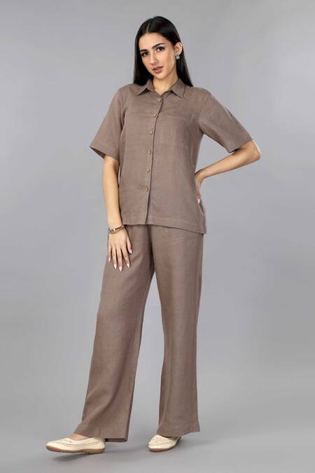 Buy_Gothilo_Brown Linen Collared Mocha Mousse Shirt And Pant Set _Online_at_Aza_Fashions