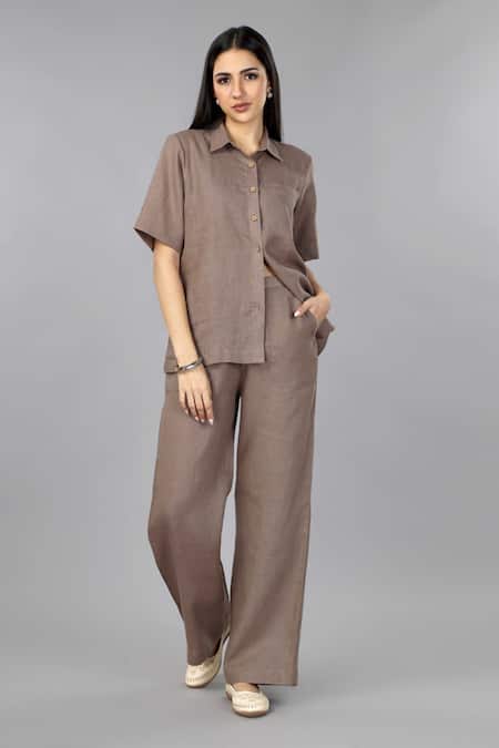 Shop_Gothilo_Brown Linen Collared Mocha Mousse Shirt And Pant Set _Online_at_Aza_Fashions