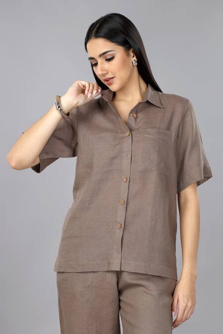 Gothilo_Brown Linen Collared Mocha Mousse Shirt And Pant Set _at_Aza_Fashions