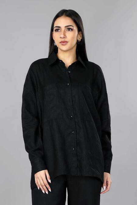 Gothilo Black Linen Collared Pitch Oversized Shirt Set Online at Aza Fashions Gothilo_Black Linen Collared Pitch Oversized Shirt Set _Online_at_Aza_Fashions
