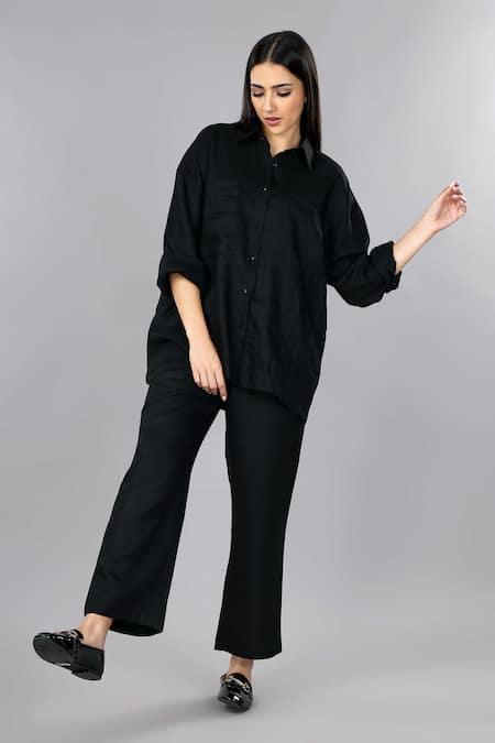 Buy Gothilo Black Linen Collared Pitch Oversized Shirt Set Online at Aza Fashions Buy_Gothilo_Black Linen Collared Pitch Oversized Shirt Set _Online_at_Aza_Fashions