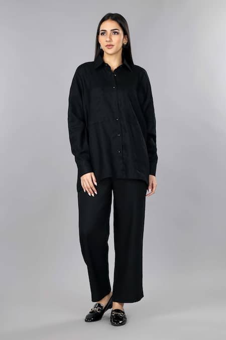 Gothilo Pitch Black Linen Oversized Shirt Set 