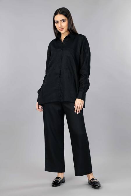 Shop Gothilo Black Linen Collared Pitch Oversized Shirt Set Online at Aza Fashions Shop_Gothilo_Black Linen Collared Pitch Oversized Shirt Set _Online_at_Aza_Fashions