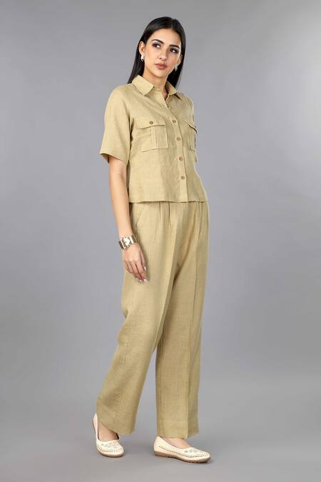 Gothilo Brown Linen Collared Biscoff Shirt And Pant Set Online at Aza Fashions Gothilo_Brown Linen Collared Biscoff Shirt And Pant Set _Online_at_Aza_Fashions
