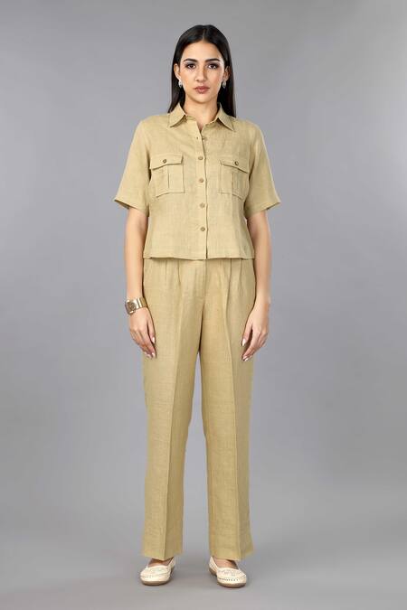 Shop Gothilo Brown Linen Collared Biscoff Shirt And Pant Set Online at Aza Fashions Shop_Gothilo_Brown Linen Collared Biscoff Shirt And Pant Set _Online_at_Aza_Fashions