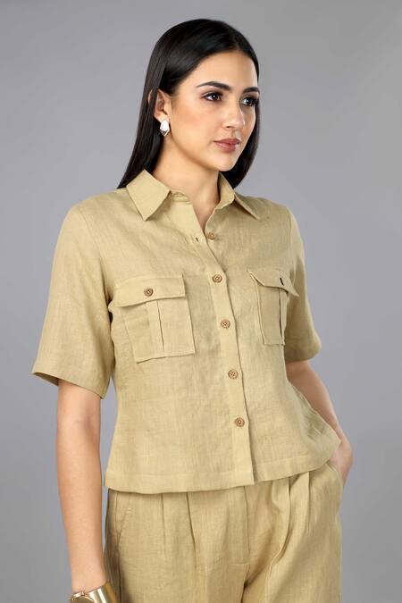 Gothilo Brown Linen Collared Biscoff Shirt And Pant Set at Aza Fashions Gothilo_Brown Linen Collared Biscoff Shirt And Pant Set _at_Aza_Fashions