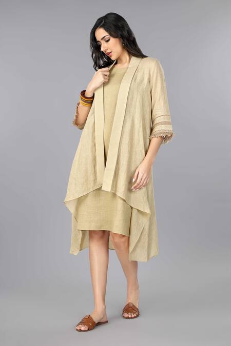 Gothilo_Brown Linen Fringe Round , Open Biscoff Jacket Dress _Online_at_Aza_Fashions