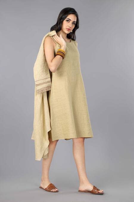 Buy_Gothilo_Brown Linen Fringe Round , Open Biscoff Jacket Dress _Online_at_Aza_Fashions