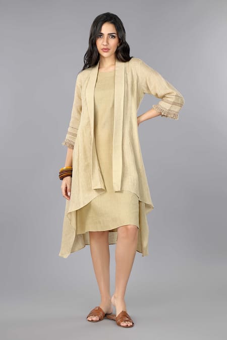 Gothilo_Brown Linen Fringe Round , Open Biscoff Jacket Dress _at_Aza_Fashions