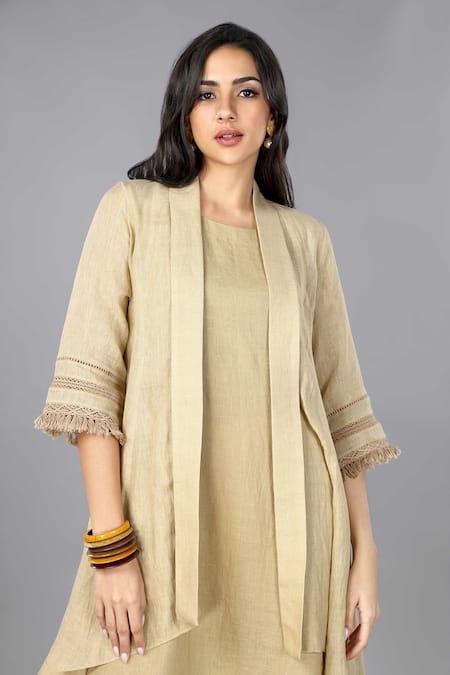 Buy_Gothilo_Brown Linen Fringe Round , Open Biscoff Jacket Dress 