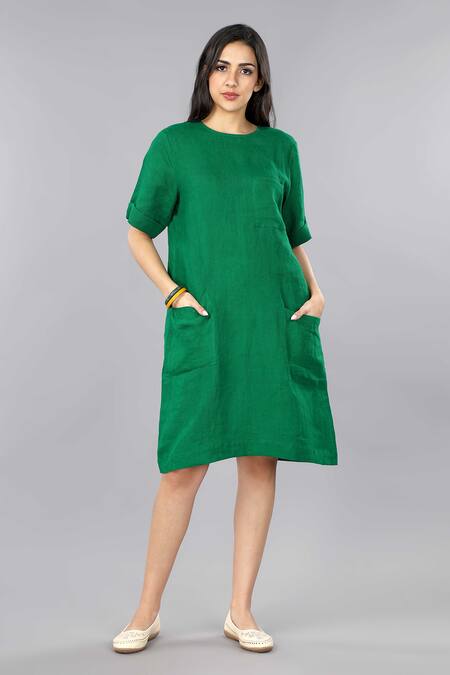 Gothilo Green Linen Round Neck Pure Pocket Dress Online at Aza Fashions Gothilo_Green Linen Round Neck Pure Pocket Dress _Online_at_Aza_Fashions
