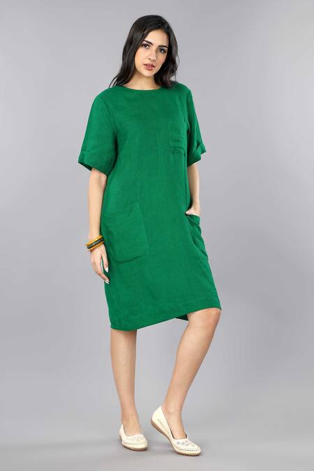 Buy Gothilo Green Linen Round Neck Pure Pocket Dress Online at Aza Fashions Buy_Gothilo_Green Linen Round Neck Pure Pocket Dress _Online_at_Aza_Fashions