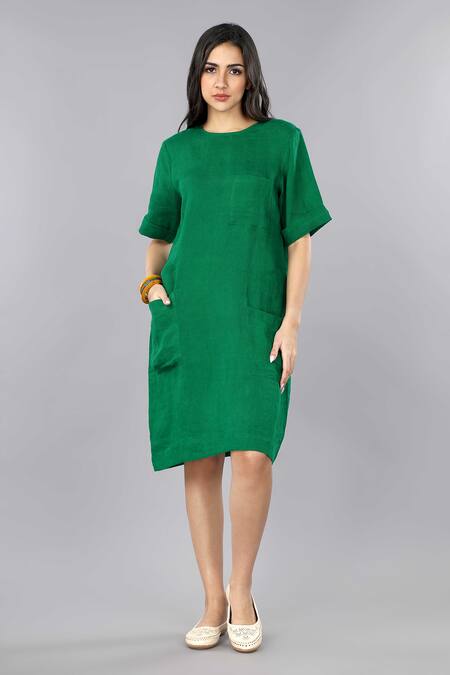 Shop Gothilo Green Linen Round Neck Pure Pocket Dress Online at Aza Fashions Shop_Gothilo_Green Linen Round Neck Pure Pocket Dress _Online_at_Aza_Fashions