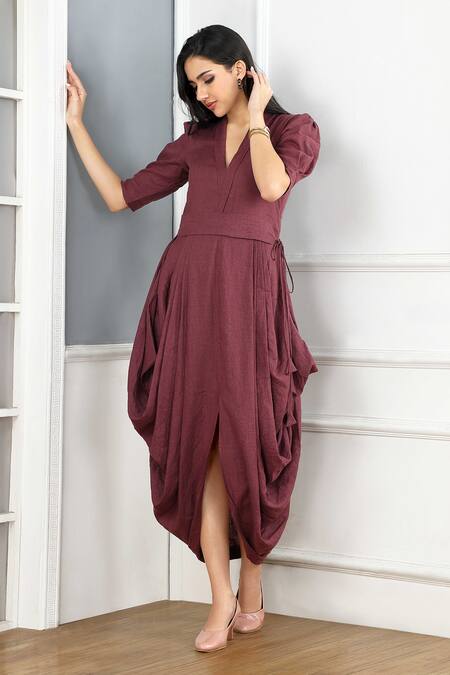 Gothilo_Purple Linen Cowl Neck Plum Dress _Online_at_Aza_Fashions