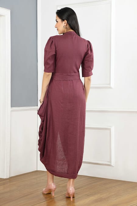Shop_Gothilo_Purple Linen Cowl Neck Plum Dress _at_Aza_Fashions