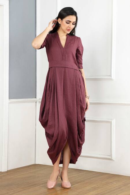 Shop_Gothilo_Purple Linen Cowl Neck Plum Dress _Online_at_Aza_Fashions