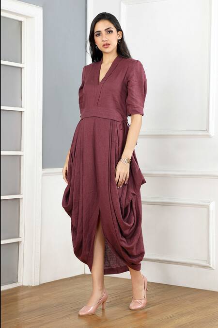 Gothilo_Purple Linen Cowl Neck Plum Dress _at_Aza_Fashions