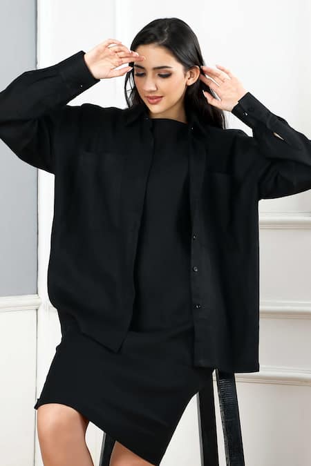Gothilo Pitch Black Linen Pocket Dress & Shirt Set 
