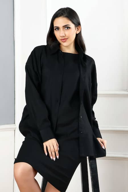 Shop Gothilo Black Linen Round Neck, Collared Pitch Pocket Dress And Shirt Set at Aza Fashions Shop_Gothilo_Black Linen Round Neck, Collared Pitch Pocket Dress And Shirt Set _at_Aza_Fashions
