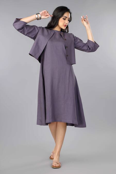 Gothilo Purple Linen Round Neck Berry Jacket Dress Online at Aza Fashions Gothilo_Purple Linen Round Neck Berry Jacket Dress _Online_at_Aza_Fashions