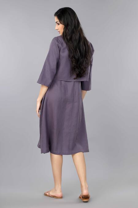 Shop Gothilo Purple Linen Round Neck Berry Jacket Dress at Aza Fashions Shop_Gothilo_Purple Linen Round Neck Berry Jacket Dress _at_Aza_Fashions
