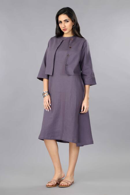Gothilo Purple Linen Round Neck Berry Jacket Dress at Aza Fashions Gothilo_Purple Linen Round Neck Berry Jacket Dress _at_Aza_Fashions