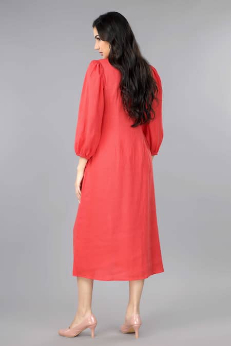 Shop Gothilo Red Linen V-neck Salsa Balloon Sleeves Dress at Aza Fashions Shop_Gothilo_Red Linen V-neck Salsa Balloon Sleeves Dress _at_Aza_Fashions