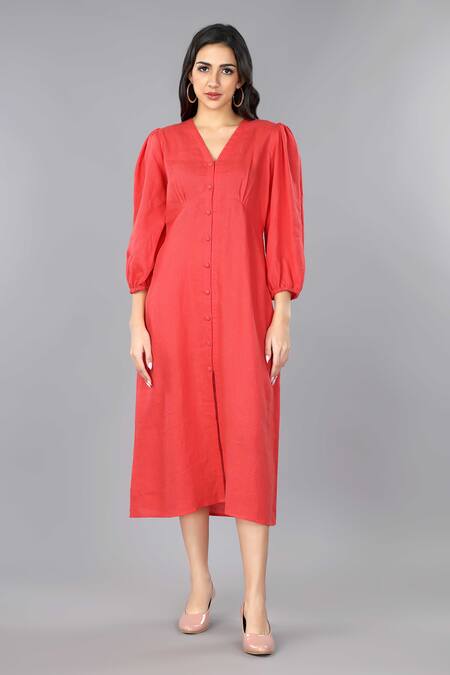 Gothilo Red Linen V-neck Salsa Balloon Sleeves Dress Online at Aza Fashions Gothilo_Red Linen V-neck Salsa Balloon Sleeves Dress _Online_at_Aza_Fashions