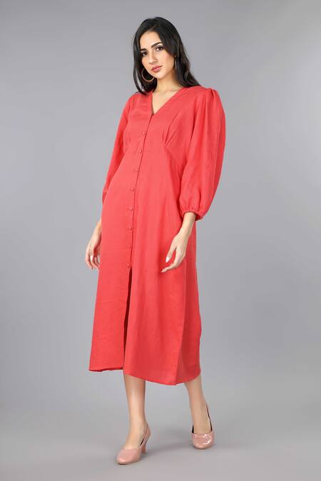 Buy Gothilo Red Linen V-neck Salsa Balloon Sleeves Dress Online at Aza Fashions Buy_Gothilo_Red Linen V-neck Salsa Balloon Sleeves Dress _Online_at_Aza_Fashions