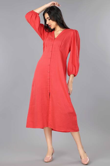 Shop Gothilo Red Linen V-neck Salsa Balloon Sleeves Dress Online at Aza Fashions Shop_Gothilo_Red Linen V-neck Salsa Balloon Sleeves Dress _Online_at_Aza_Fashions