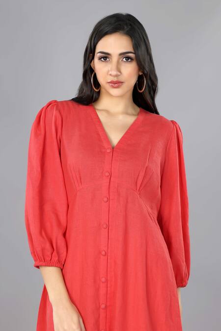 Gothilo Red Linen V-neck Salsa Balloon Sleeves Dress at Aza Fashions Gothilo_Red Linen V-neck Salsa Balloon Sleeves Dress _at_Aza_Fashions