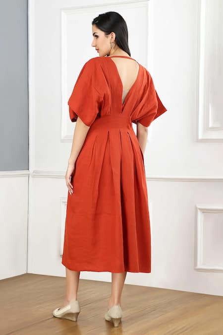 Shop Gothilo Orange Linen V-neck Burnt Puff Dress at Aza Fashions Shop_Gothilo_Orange Linen V-neck Burnt Puff Dress _at_Aza_Fashions