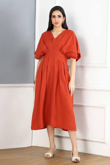 Gothilo Orange Linen V-neck Burnt Puff Dress Online at Aza Fashions Gothilo_Orange Linen V-neck Burnt Puff Dress _Online_at_Aza_Fashions