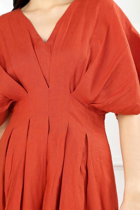 Buy Gothilo Orange Linen V-neck Burnt Puff Dress Online at Aza Fashions Buy_Gothilo_Orange Linen V-neck Burnt Puff Dress _Online_at_Aza_Fashions