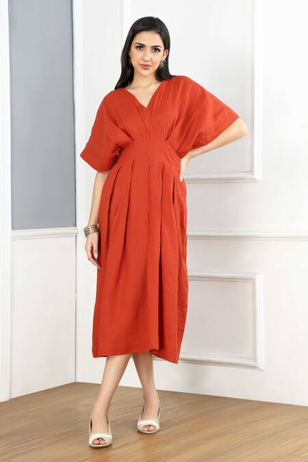 Shop Gothilo Orange Linen V-neck Burnt Puff Dress Online at Aza Fashions Shop_Gothilo_Orange Linen V-neck Burnt Puff Dress _Online_at_Aza_Fashions