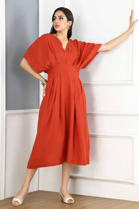 Gothilo Orange Linen V-neck Burnt Puff Dress at Aza Fashions Gothilo_Orange Linen V-neck Burnt Puff Dress _at_Aza_Fashions