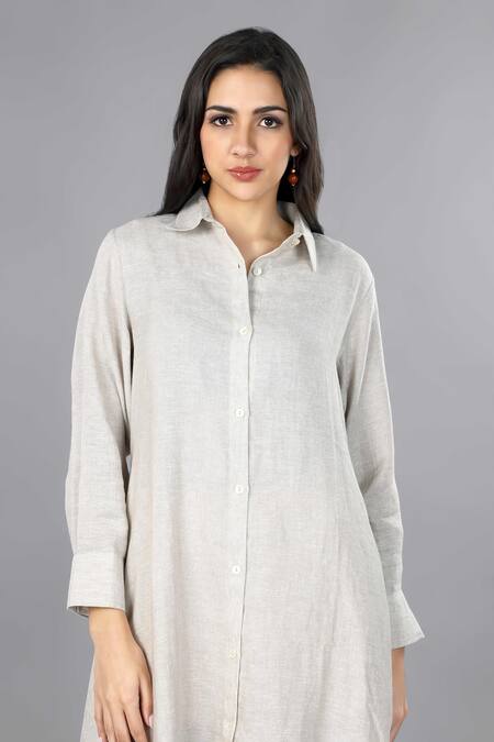 Gothilo Beige Linen Collared Natural Shirt Dress Online at Aza Fashions Gothilo_Beige Linen Collared Natural Shirt Dress _Online_at_Aza_Fashions