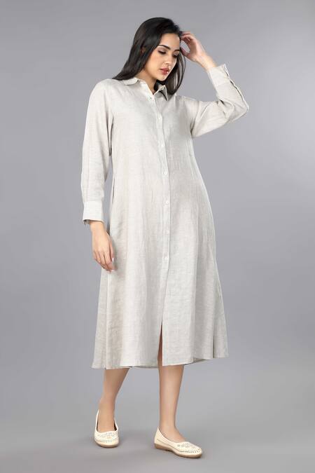 Shop Gothilo Beige Linen Collared Natural Shirt Dress Online at Aza Fashions Shop_Gothilo_Beige Linen Collared Natural Shirt Dress _Online_at_Aza_Fashions