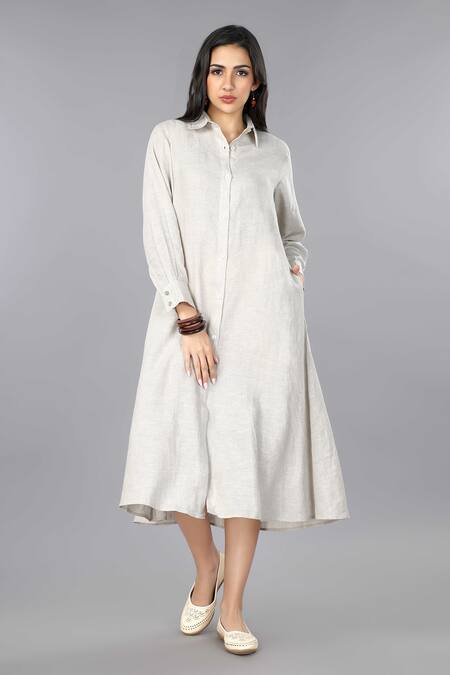 Gothilo Beige Linen Collared Natural Shirt Dress at Aza Fashions Gothilo_Beige Linen Collared Natural Shirt Dress _at_Aza_Fashions