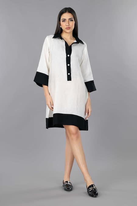 Gothilo Ivory Linen Collared Shirt Dress Online at Aza Fashions Gothilo_Ivory Linen Collared Shirt Dress _Online_at_Aza_Fashions
