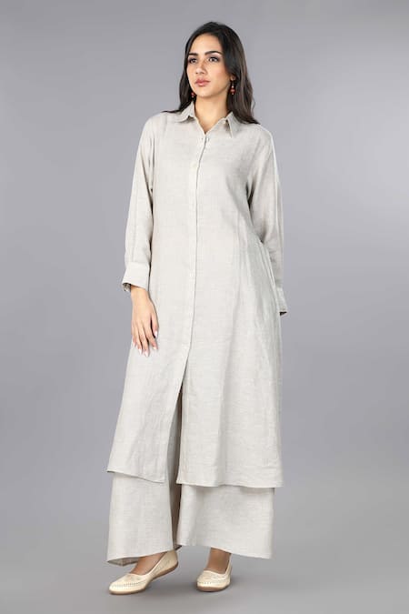Gothilo_Beige Linen Collared Natural Shirt Style Kurta And Palazzo Set _Online_at_Aza_Fashions