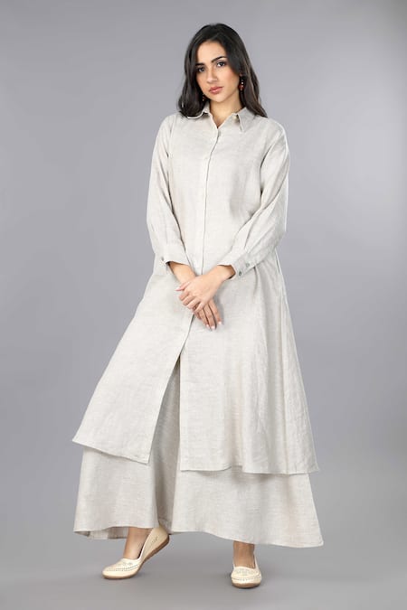 Shop_Gothilo_Beige Linen Collared Natural Shirt Style Kurta And Palazzo Set _Online_at_Aza_Fashions